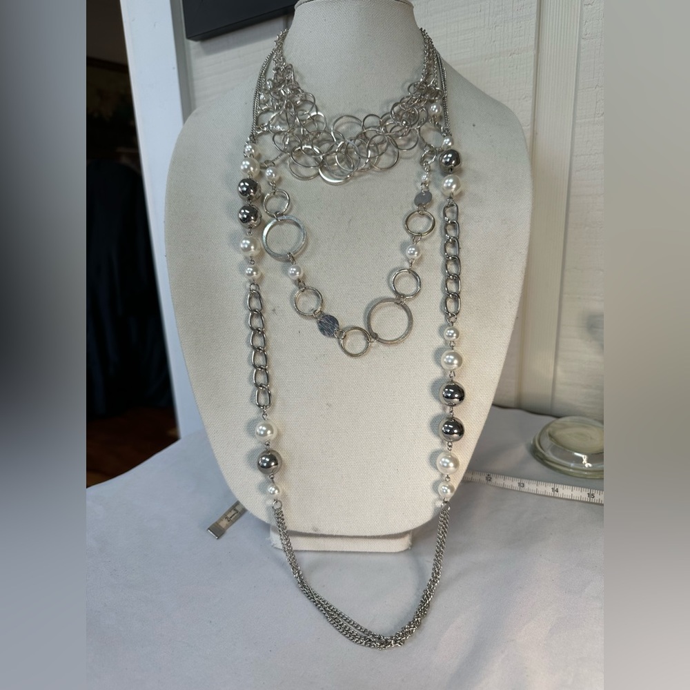 Three silvertone circle and pearl bead necklaces